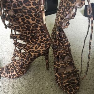 Liliana Nikia-2 Leopard Peep Toe Lace Up Gladiator